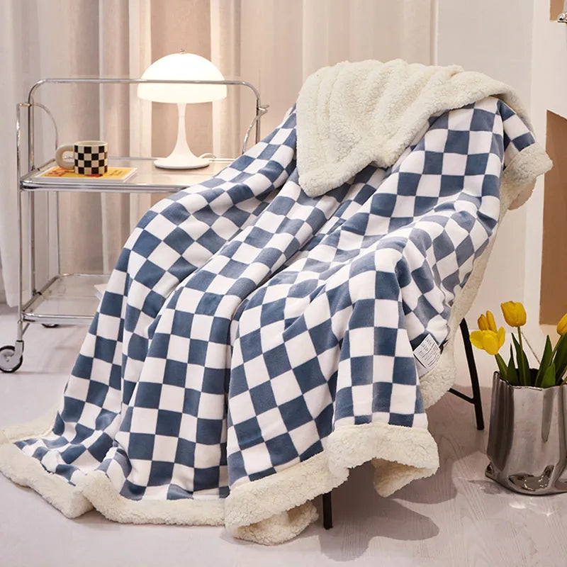 Afralia™ Double Layer Lamb Wool Checkered Blanket - Nordic Style Warm Bedspread