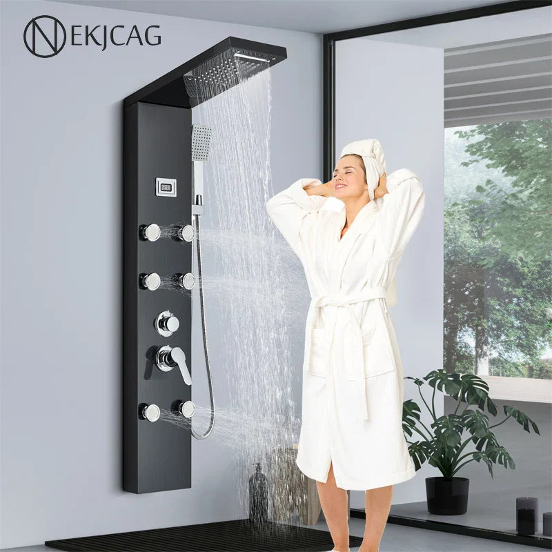 Afralia™ Black Shower Panel Column Wall Mount Rainfall Waterfall Faucet Hot Cold Mixer Tap