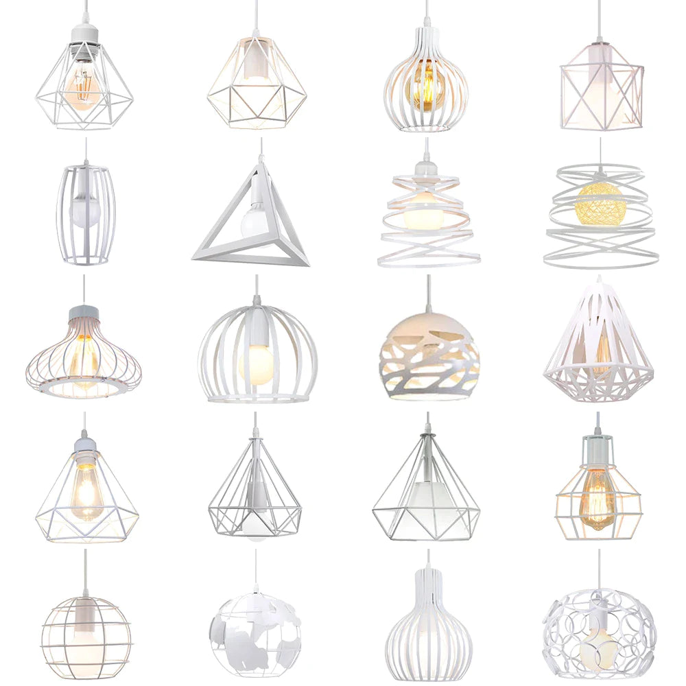 Afralia™ Industrial Vintage White Wrought Cage Pendant Lamp for Living Room Bedroom Dining Loft
