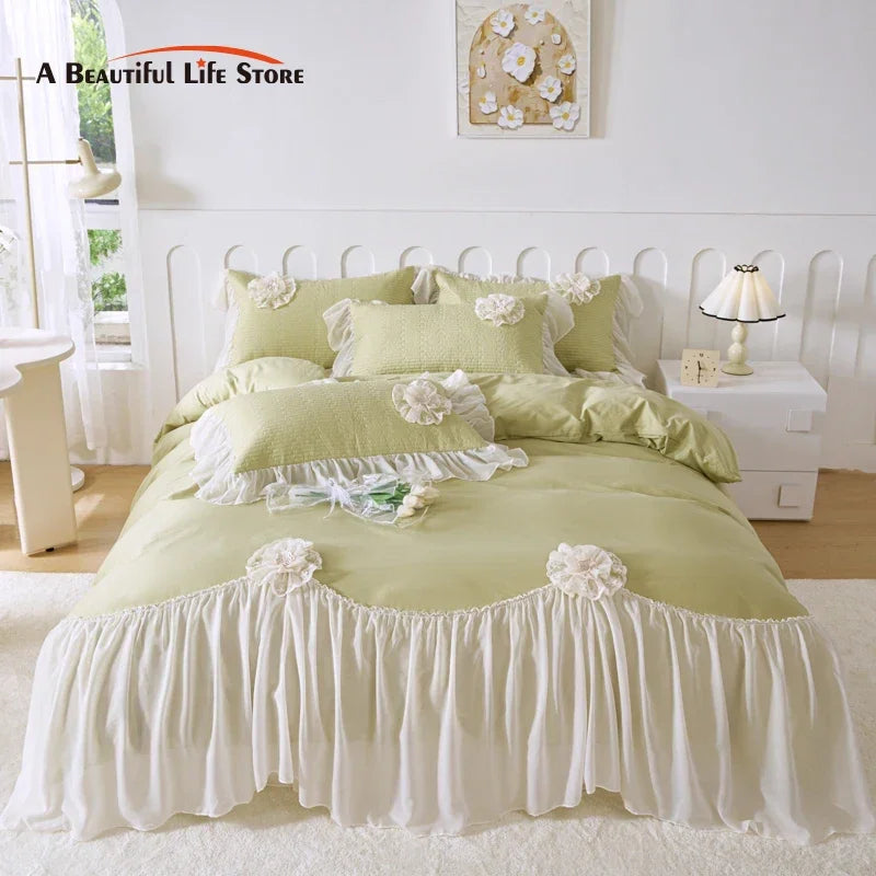 Afralia™ Princess Style Cotton Bedding Set with Flowers, Lace Ruffles, and Quilted Details