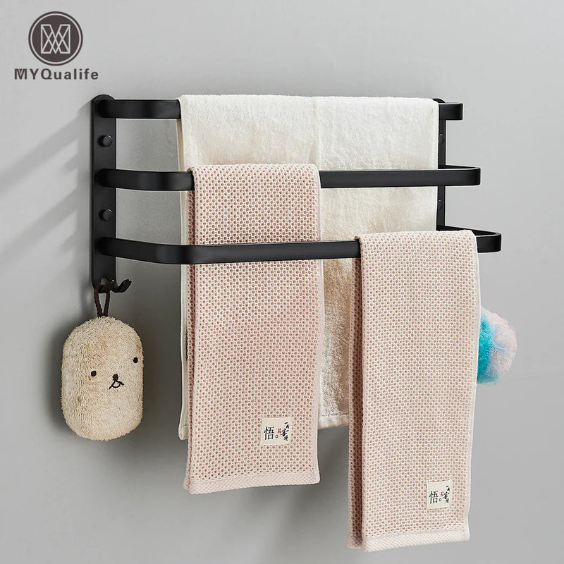 Afralia™ Towel Rack: Folding Wall Mount Shower Holder, Aluminum Black Bathroom Shelf