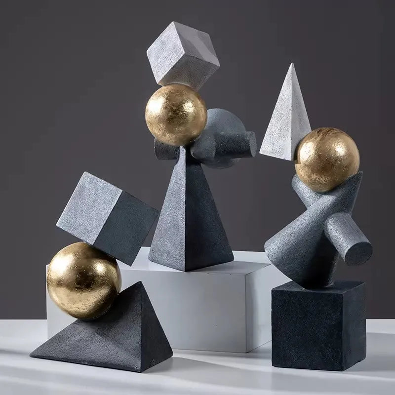 Afralia™ Geometric Gold Ball Abstract Sculpture Triangular Statues for Home Decor