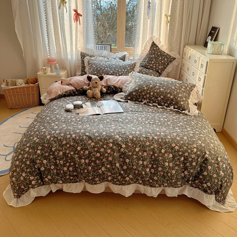 Afralia™ Floral Lace Ruffles Bedding Set 3/4Pcs Single Queen Size Duvet Cover