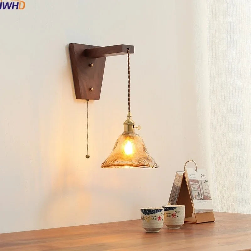 Afralia™ Walnut Copper LED Wall Lamp Sconce with Pull Chain Switch, Nordic Stair Light Fixtures