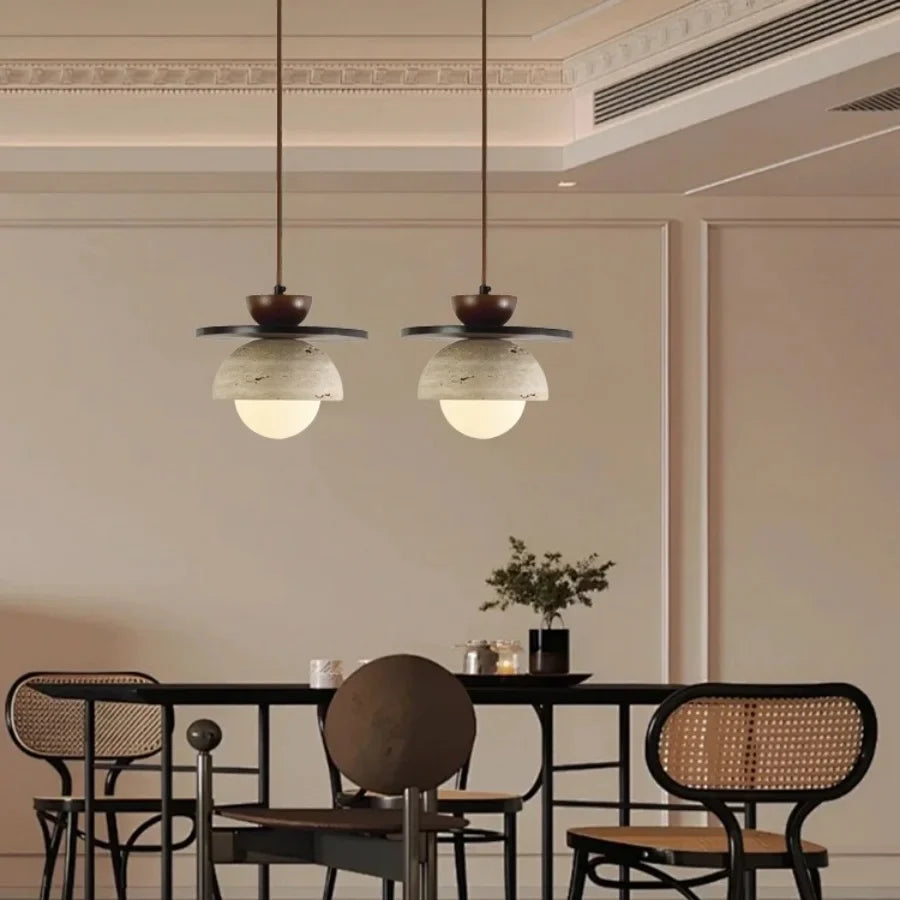 Afralia™ Glass Ball LED Pendant Lamp for Coffee Living Dining Room with Natural Wood and Stone