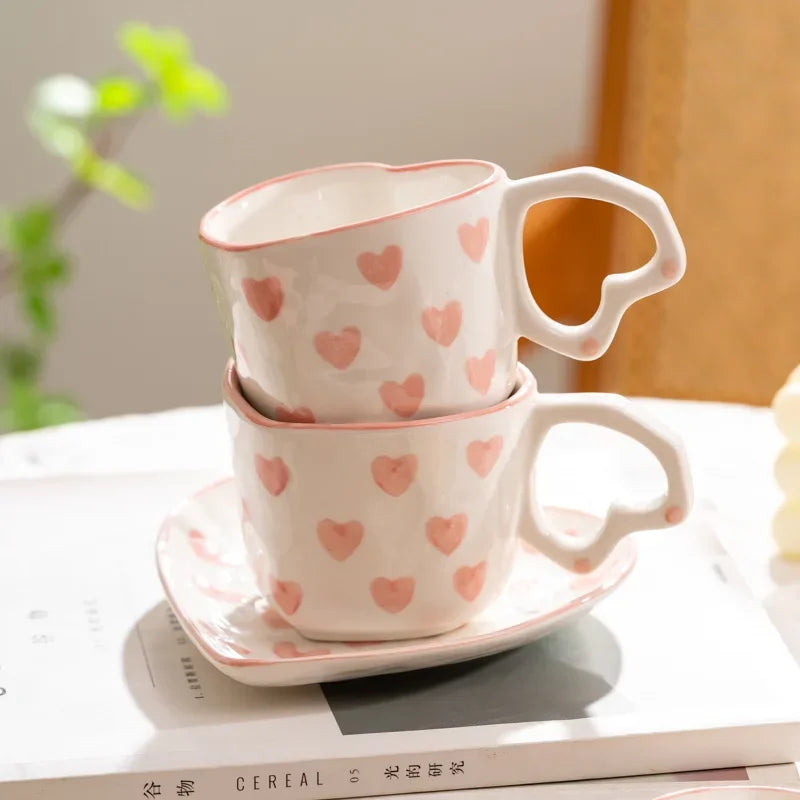 Afralia™ Love Heart Hand Painted Ceramic Coffee Mug Cute Tea Cup for Home Office