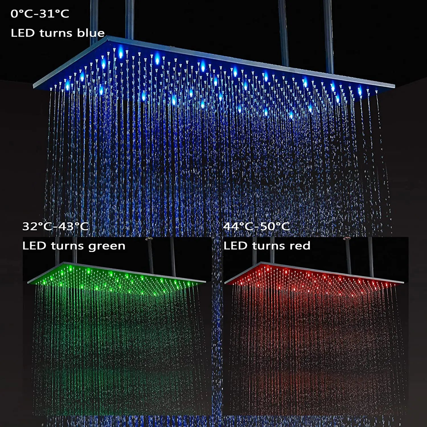 Afralia™ 16"x32" LED Rainfall Shower Head - Color Changing Luxury Square Design