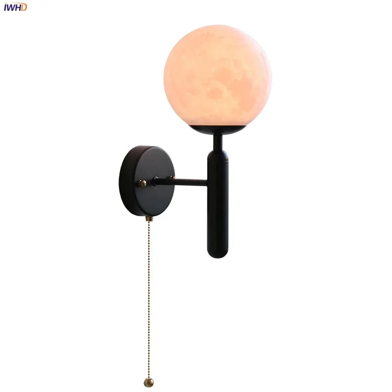 Afralia™ Modern Black Iron LED Wall Light with Pull Chain Switch & White Glass