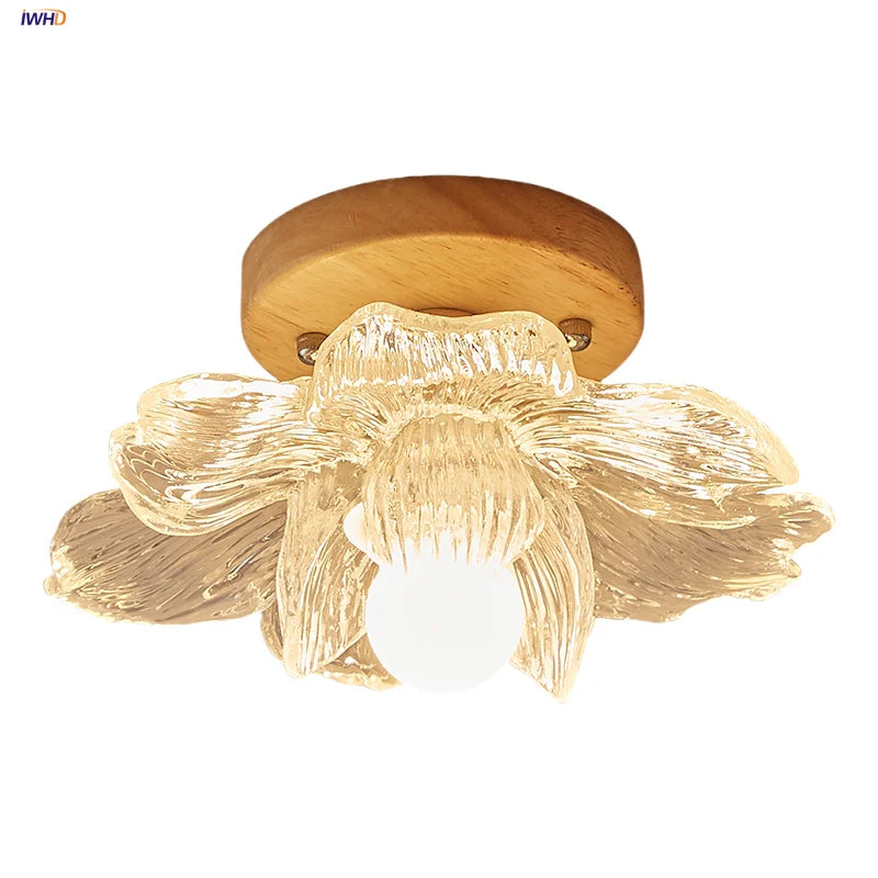 Afralia™ Flower Acrylic LED Ceiling Lamp, Wood Base, Japan Style Living Room Light