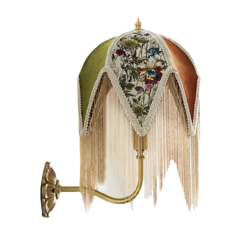 Afralia™ Fabric Tassel LED Wall Lamp Vintage Copper Arm for Bedroom Living Room