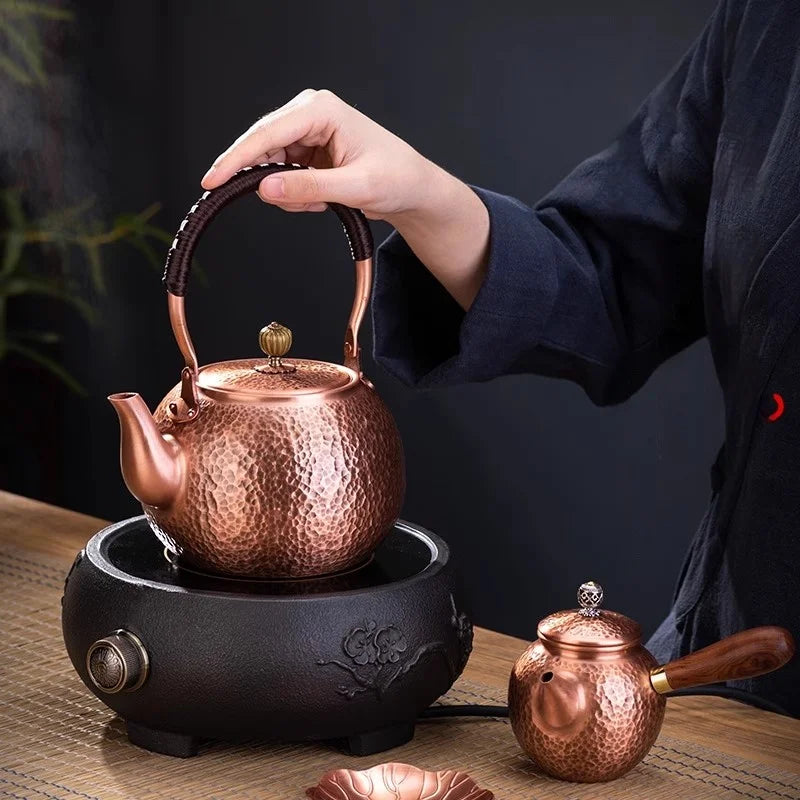 Afralia™ Handmade Copper Tea Pot with Knitting Handle - Chinese Light Luxury Tea Set