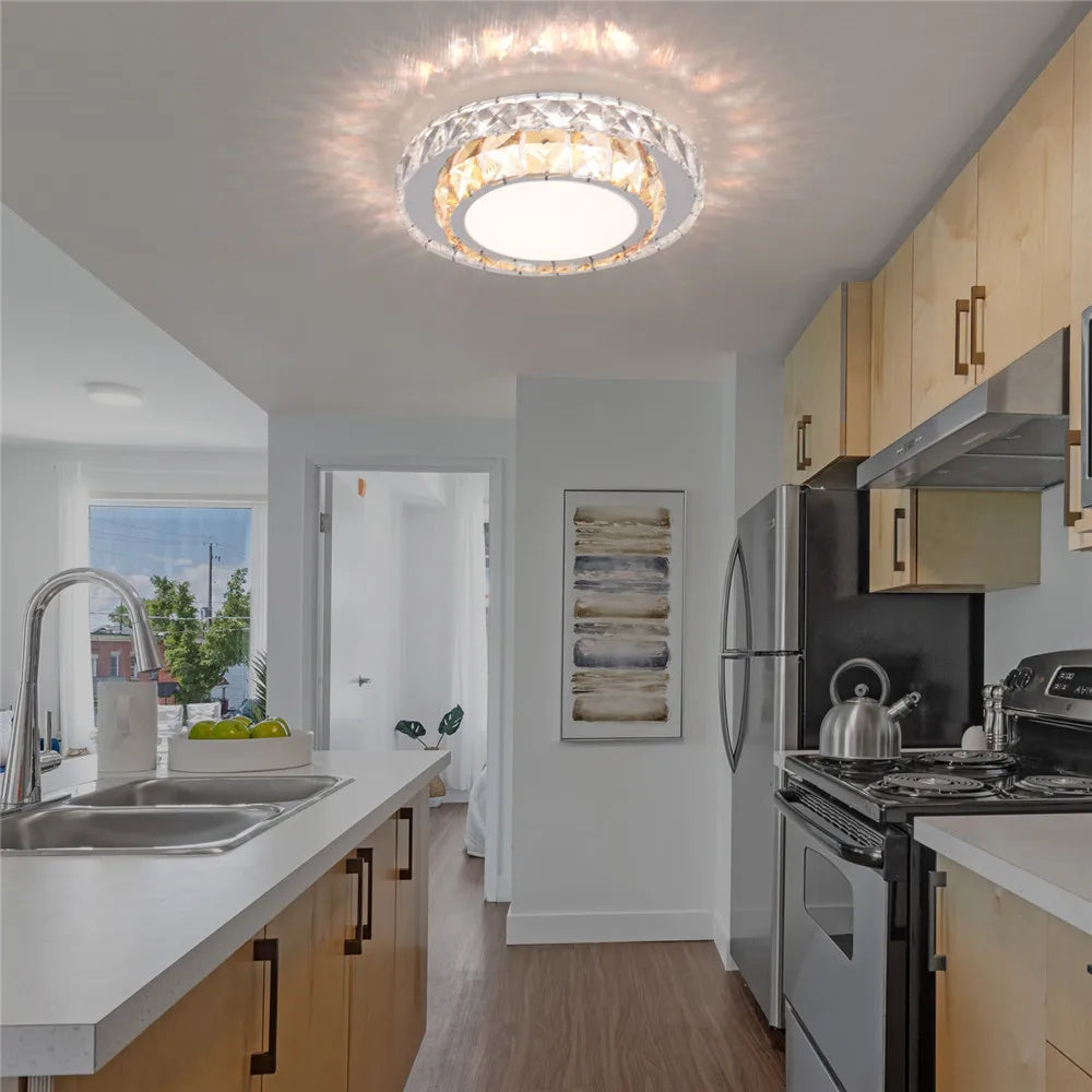 Afralia™ Round Crystal Ceiling Chandelier for Kitchen, Aisle, and Stairs.