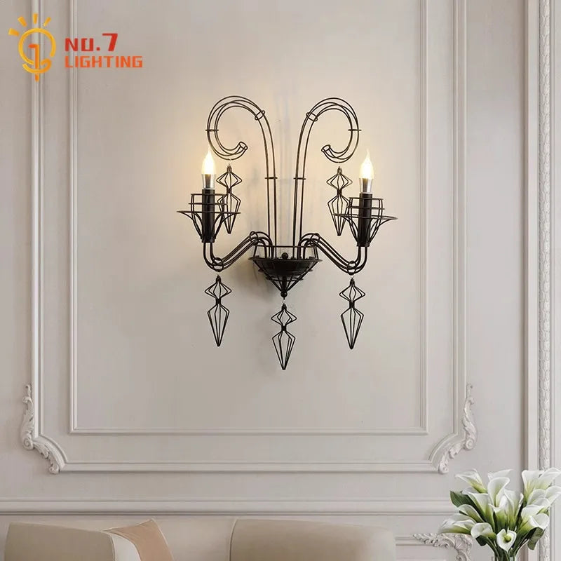 Afralia™ Iron Art Candle Wall Lamp LED E14 Black Retro Industrial Baroque.