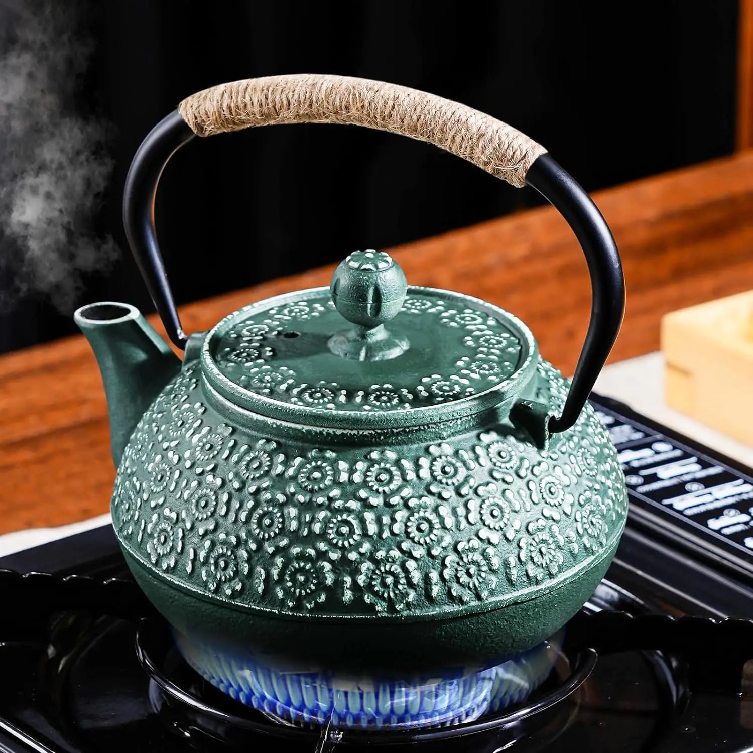 Afralia™ Sakura Pattern Cast Iron Teapot 900ML Tea Kettle with Tea-Strainer & Pot
