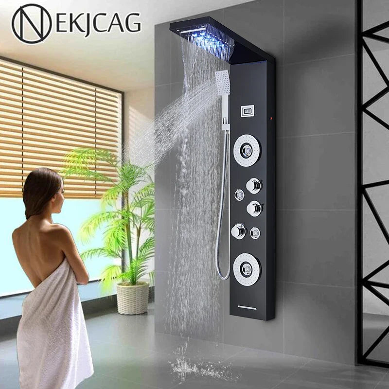 Afralia™ LED Shower Panel Tower Rain/Waterfall Massage Spa Jets Bathroom Column