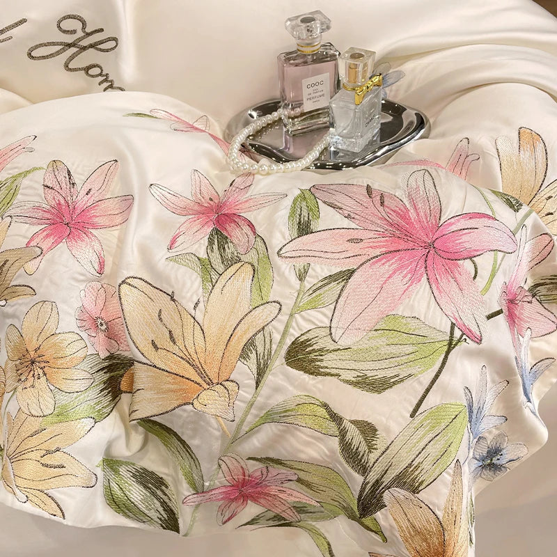 Afralia™ Flowers Embroidery Silky Duvet Set with Comforter Cover & Fitted Sheet