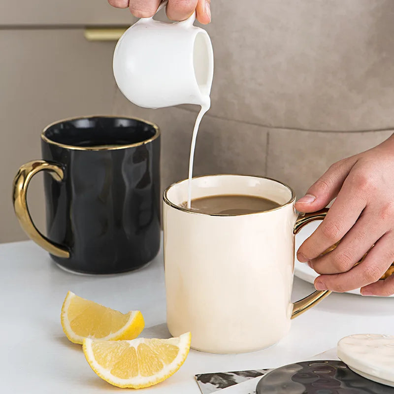 Afralia Nordic Gold Rim Mug Set - Light Luxury Ceramic Coffee Cups with Handle