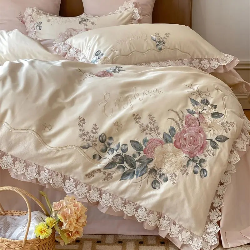 Afralia™ French Princess 1000TC Cotton Bedding Set with Flowers Embroidery and Ruffles