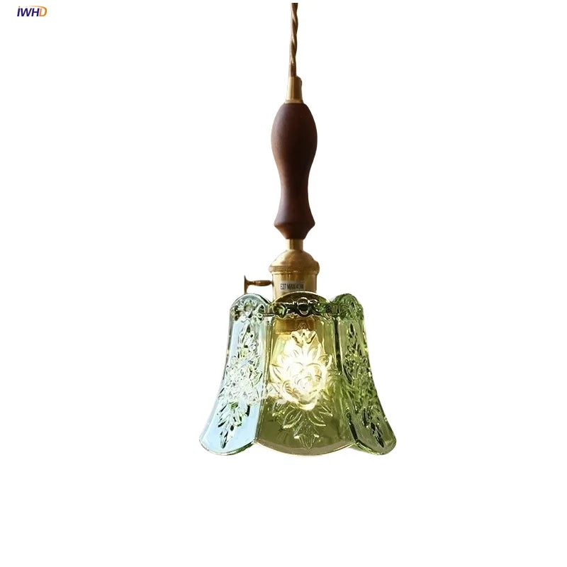 Afralia™ Green Glass LED Pendant Lamp | Modern Nordic Wood Walnut | Brass Knob Switch | Hanging Light