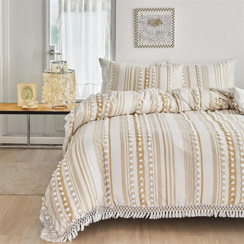 Afralia™ Boho Stripe Furball Duvet Set: High-Quality King Size Bedding with Tassels