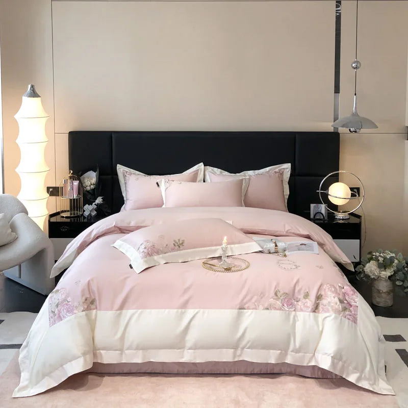 Afralia™ Rose Flowers Embroidery Bedding Set, Pink Egyptian Cotton, Luxury 4Pcs