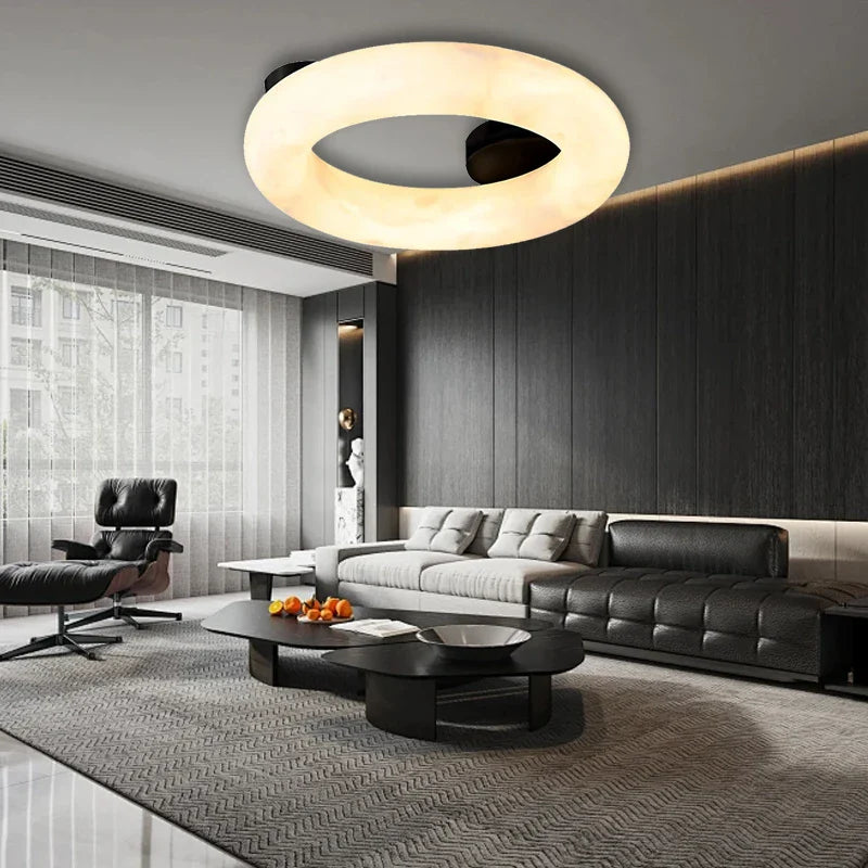 Afralia™ Round White Marble Ceiling Chandelier LED Dimmable Luxury Fixture