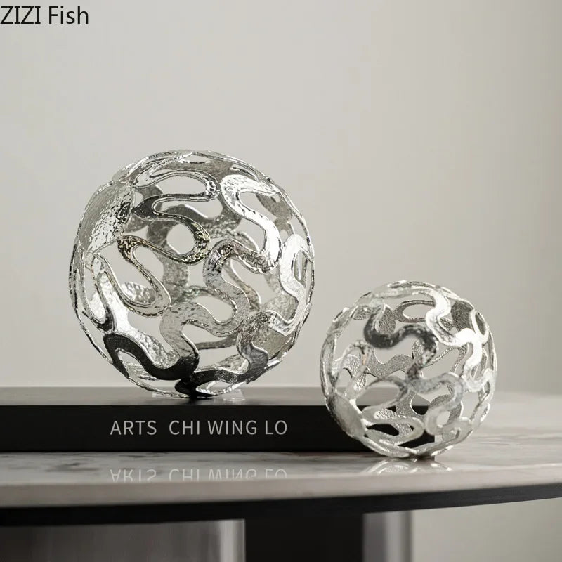 Afralia™ Silver Ball Metal Ornaments, Geometric Desk Decoration, Abstract Room Decor Craft