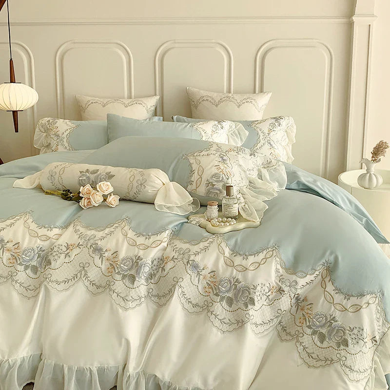 Afralia™ Romantic French Princess Bedding Set with Rose Embroidery & Ruffles