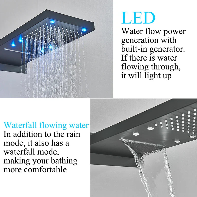Afralia™ Matte Black LED Waterfall Shower Faucet Set Wall Mounted Brass Mixer Valve