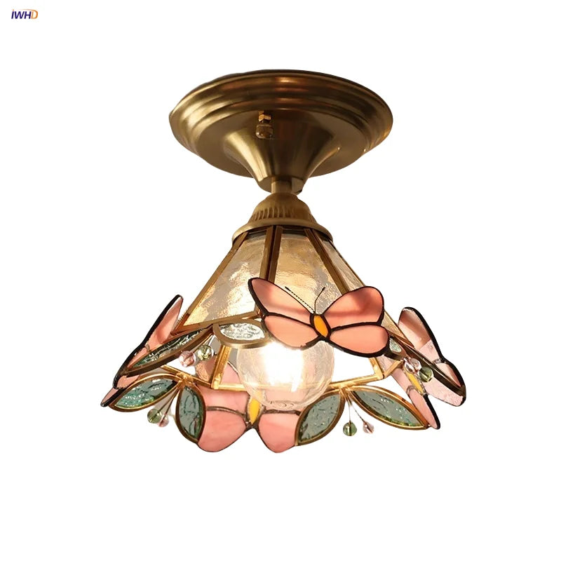 Afralia™ Butterfly Glass Tiffany LED Ceiling Light - Nordic Modern Copper Lamp