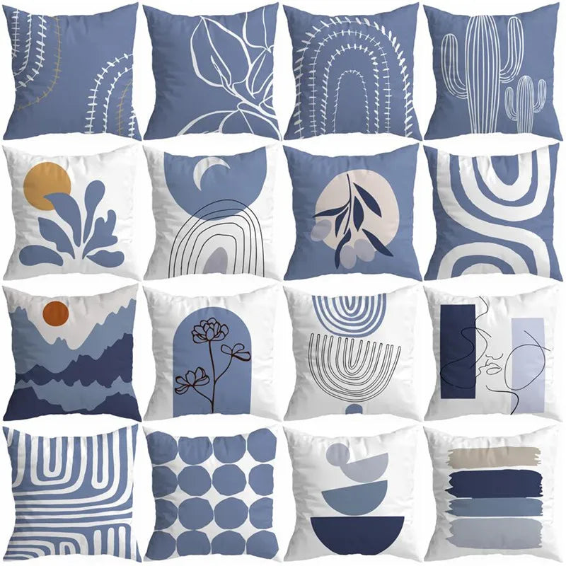 Nordic Blue Geometric Leaf Cactus Pillow Cover Set by Afralia™
