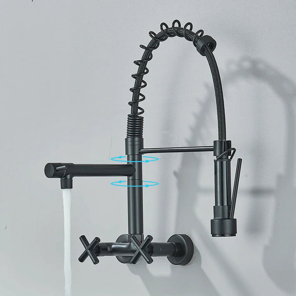 Afralia™ Black Kitchen Faucet Wall Mounted Dual Swivel Spouts Vessel Sink Mixer Tap