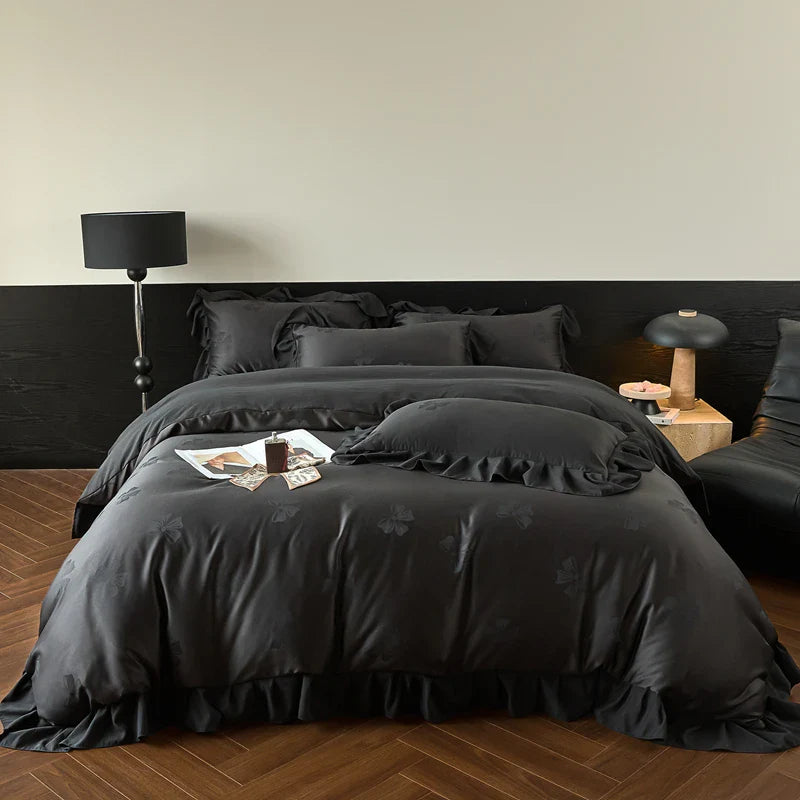Afralia™ Princess Ruffles Bow Jacquard Cotton Bedding Set with Duvet Cover, Sheet, Pillowcases