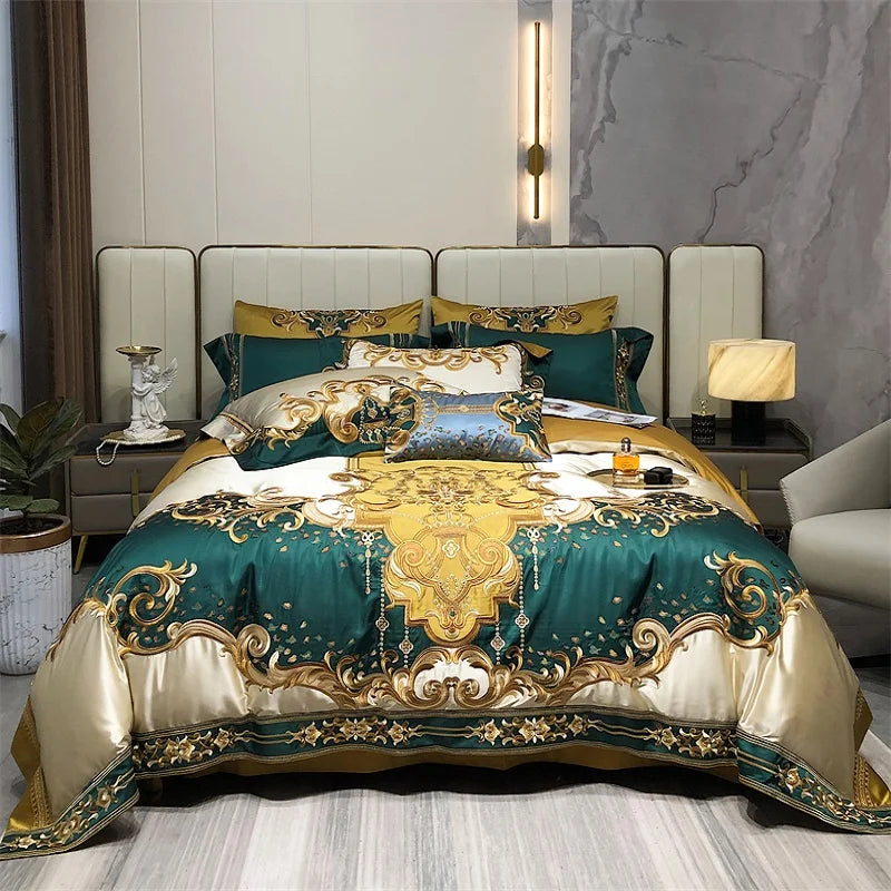 Afralia™ Luxe Vintage Brocade Cotton Gold Embroidered Bedding Set