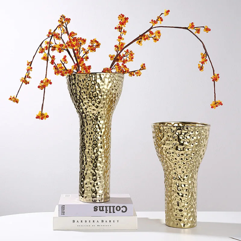 Afralia™ Golden Ceramic Geometric Honeycomb Vase - Home Decoration Accessory