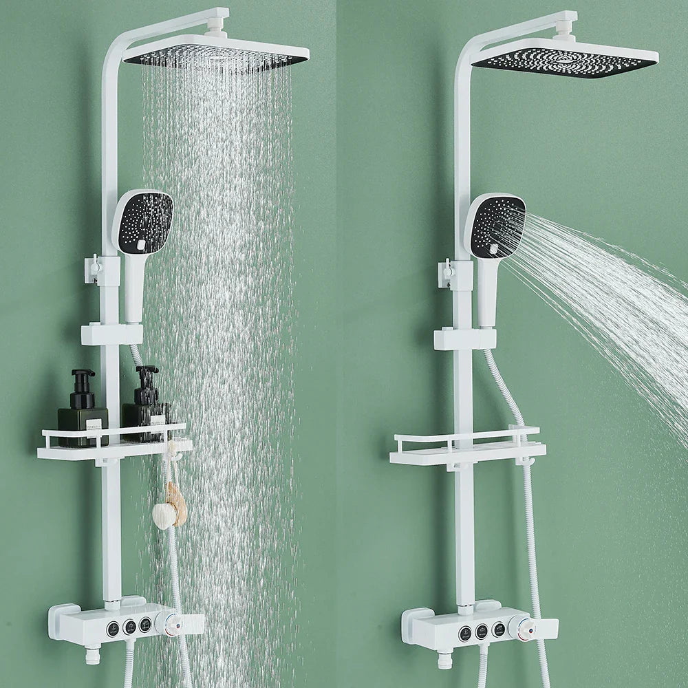 Afralia™ Thermostatic Shower Faucet 3 Way Rainfall System with Big Showerhead & Bathroom Shelf