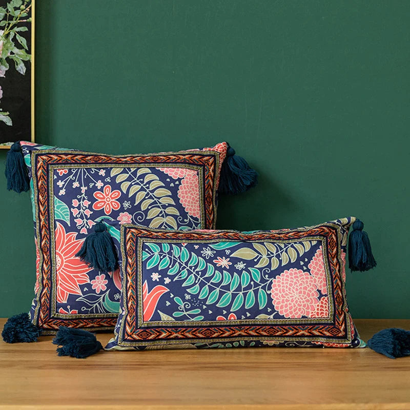 Afralia™ Vintage Floral Tassled Pillow Cover 43x43cm Soft Leaves Pattern