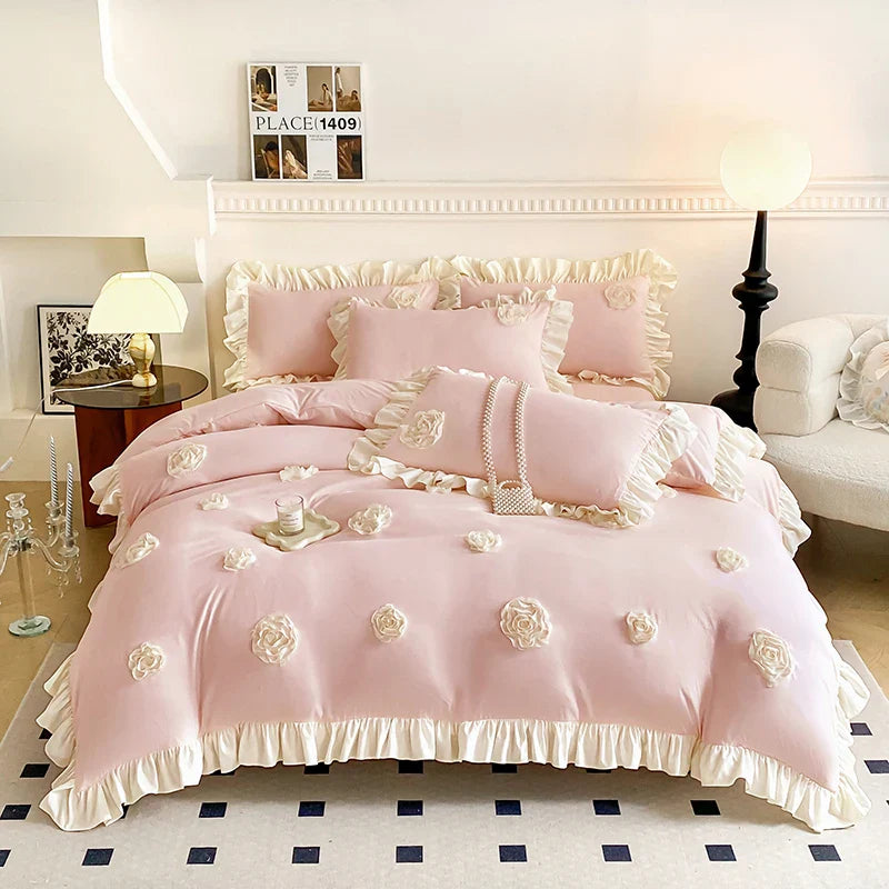 Afralia™ Pink Stereoscopic Bedding Set: Handwork Flowers Embroidery, Ruffle, Korean Style