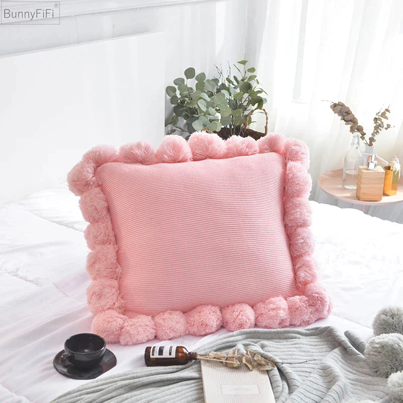 Afralia™ Pompom Knit Cushion Cover Set- Grey, Pink, Green- 45*45cm