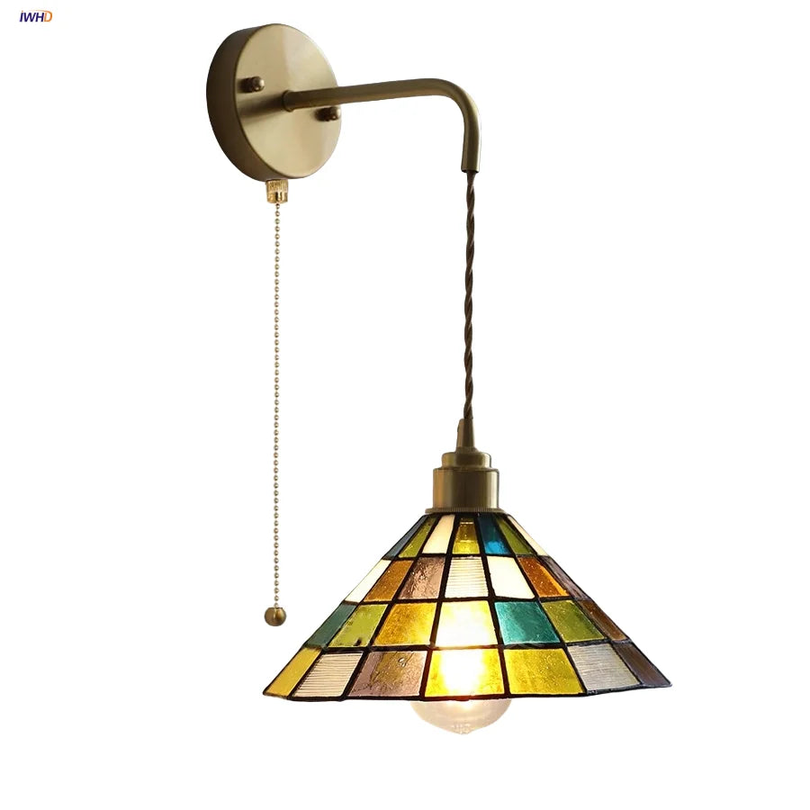 Afralia™ Tiffany Glass LED Wall Lights Modern Pull Chain Bedside Lamp