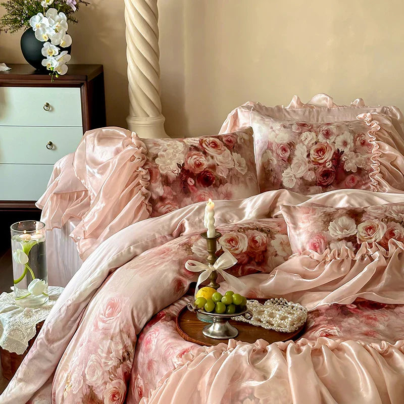 Afralia™ Vintage Rose Organza Lace Ruffles Bedding Set with Soft Lyocell Cotton Duvet Cover