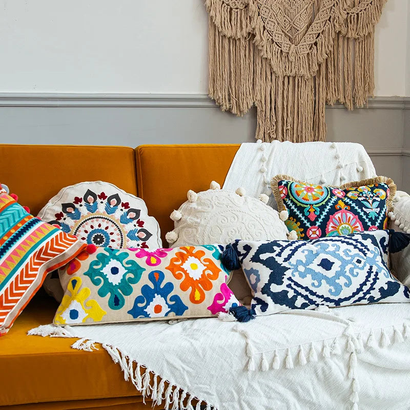 Afralia™ Flower Embroidered Boho Ethnic Style Lumbar Pillow Covers for Sofa Decor