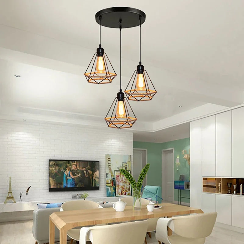 Afralia™ Vintage Decor Chandelier - American Country Hemp Rope Diamond Iron Cage Pendant Lights