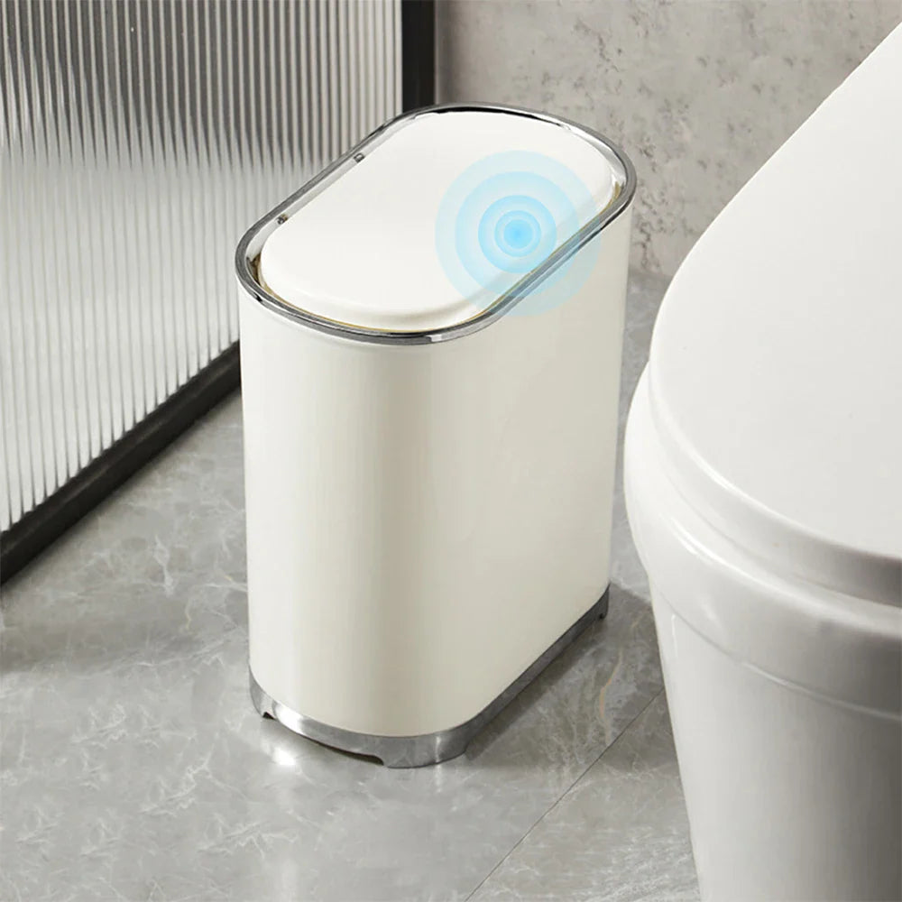 Afralia™ Light Luxury Bathroom Trash Can with Lid for Kitchen, Living Room - Waterproof Narrow Waste Bin