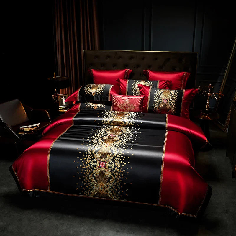 Afralia™ Luxury Gold Embroidery Bedding Set, Satin Brocade & Egyptian Cotton Duvet, Sheet, Pillowcases