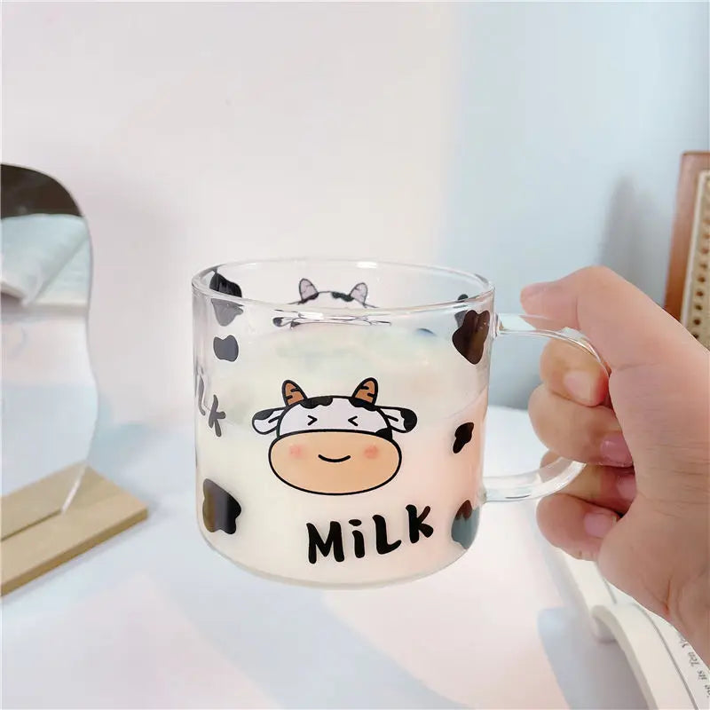 Afralia™ 13.5oz Cow Pattern Glass Mug with Spoon Lid for Student Dormitory