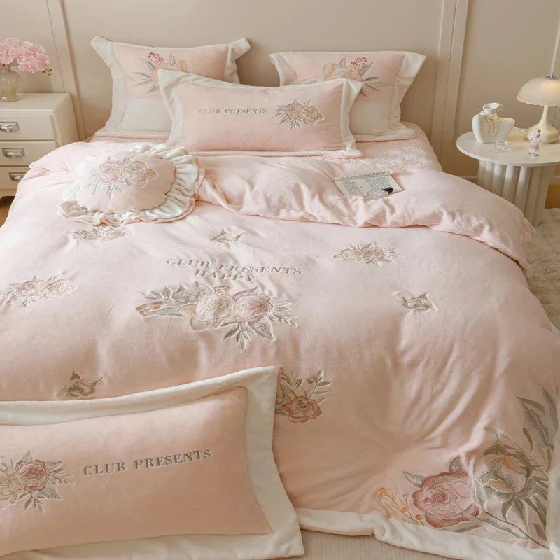 Afralia™ Pink Flowers Princess Bedding Set with Embroidery Ruffles in Milk Velvet