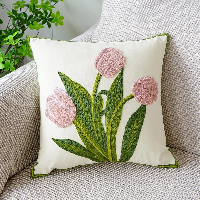 Afralia™ Green Tulip Embroidery Pillowcase 45X45CM - Sofa Bed Office Car Chair Cover