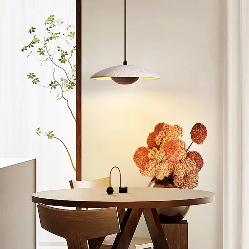 Afralia™ Wood Stone LED Pendant Lights Yellow Travertine Hanging Lamp for Living Room
