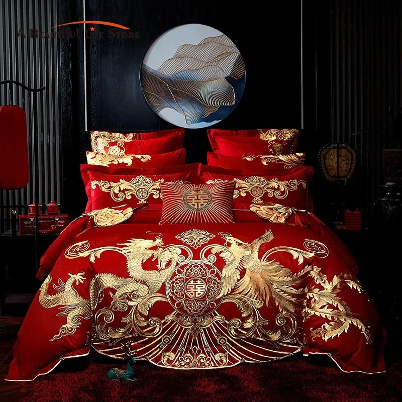 Afralia™ Red Chinese Wedding Gold Phoenix Embroidery Bedding Set, 100% Cotton